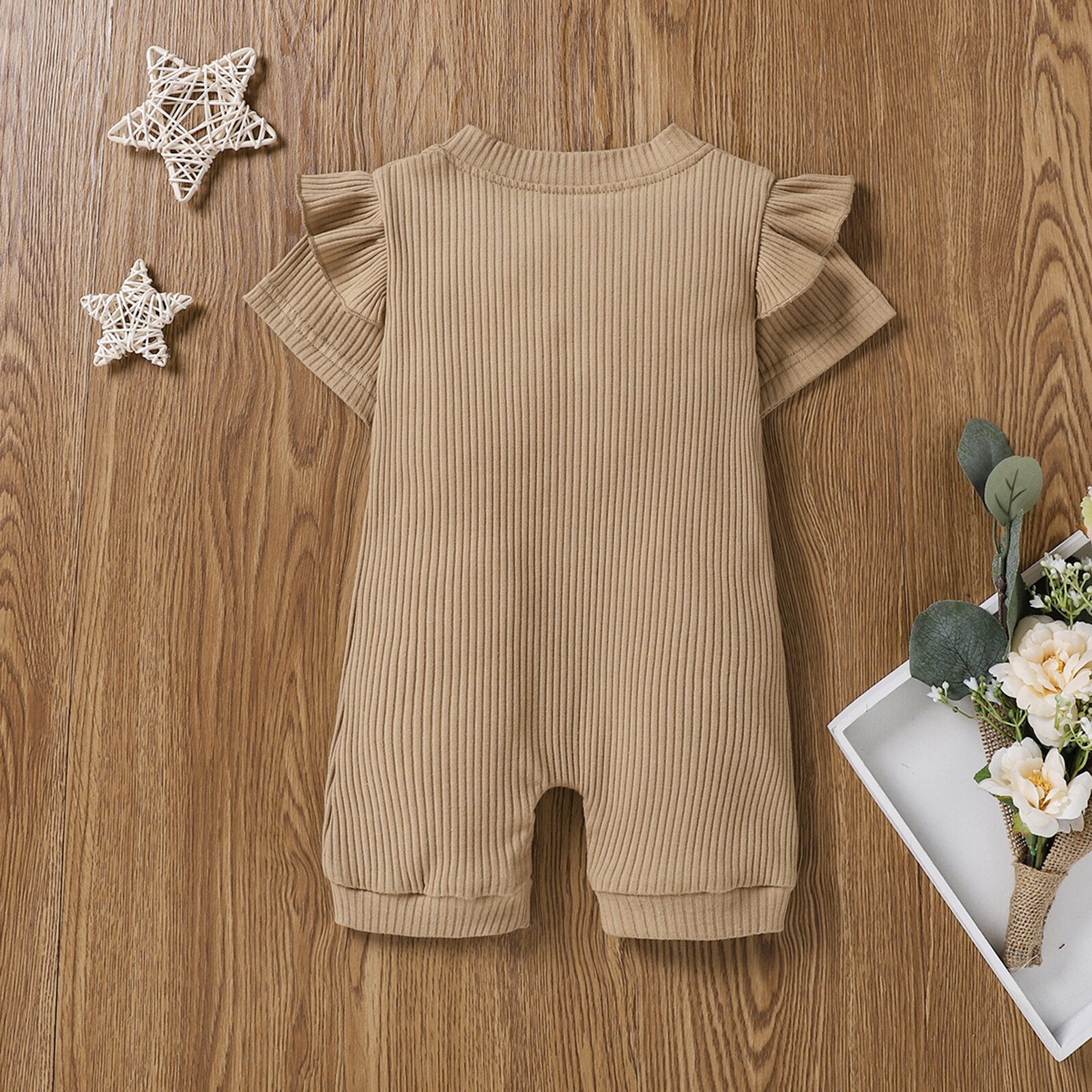 Combinaisons d'été pour tout-petits, barboteuses côtelées à manches courtes et col rond de couleur unie pour bébés filles de 0 à 18 mois