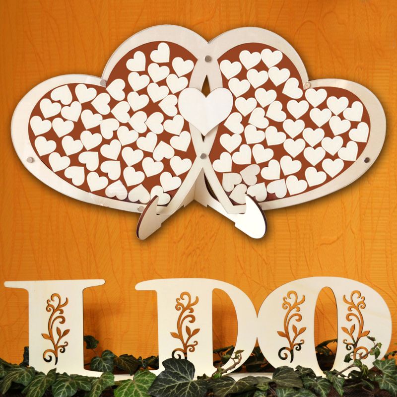 Unikt dobbelt hjerte bryllup gæstebog signatur tegn med 100 træ hjerter ramme rustik indretning