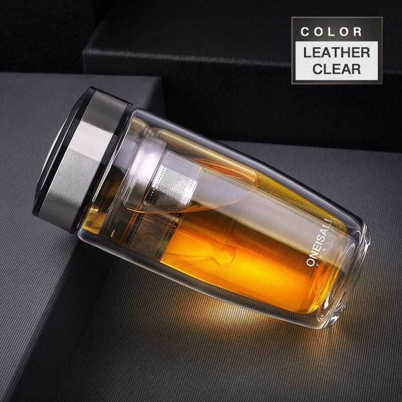 Oneisall 380 Ml Dubbele Water Fles Auto Gemonteerd Verbranden Proof Glazen Fles Rvs Filter Thee Tumbler Mannelijke: Leather Sliver