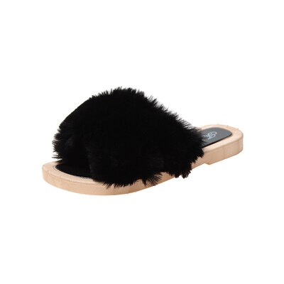 Femmes chaussures moelleux fausse fourrure sandales femmes 20202 été grande peluche sandales décontracté en plein air sandales femme fourrure tongs: Black / 36