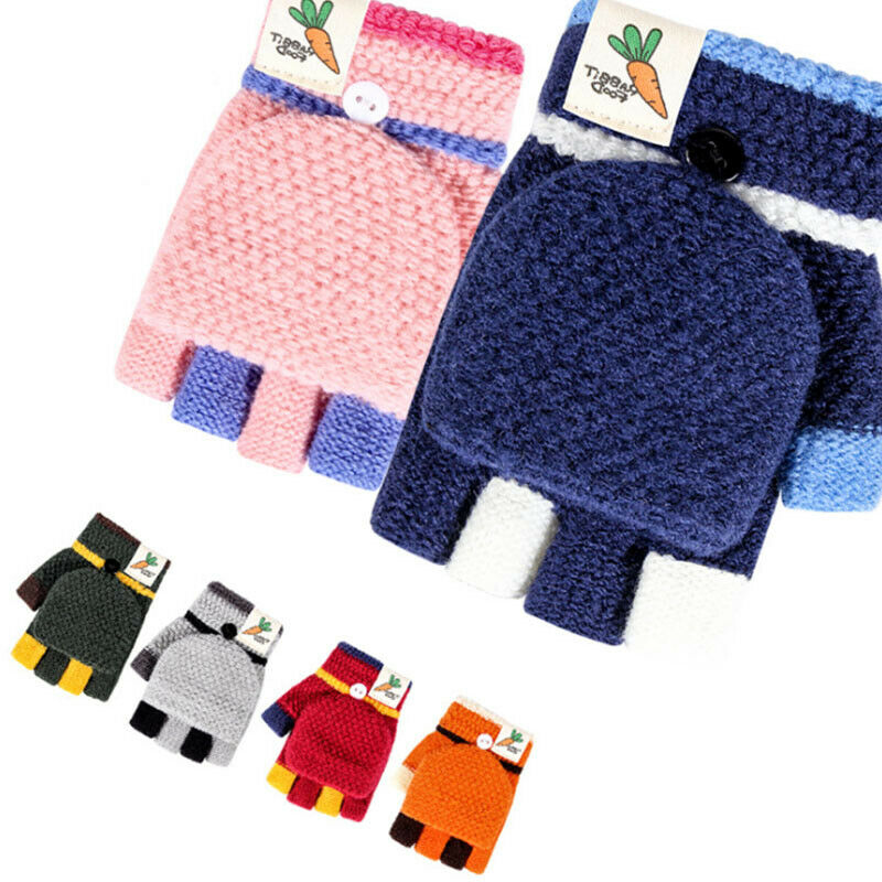 Baby Unisex Warm Gloves Kids Boys Girls Winter gloves Half Finger Flip Cover Knitting Mittens 3-6Years