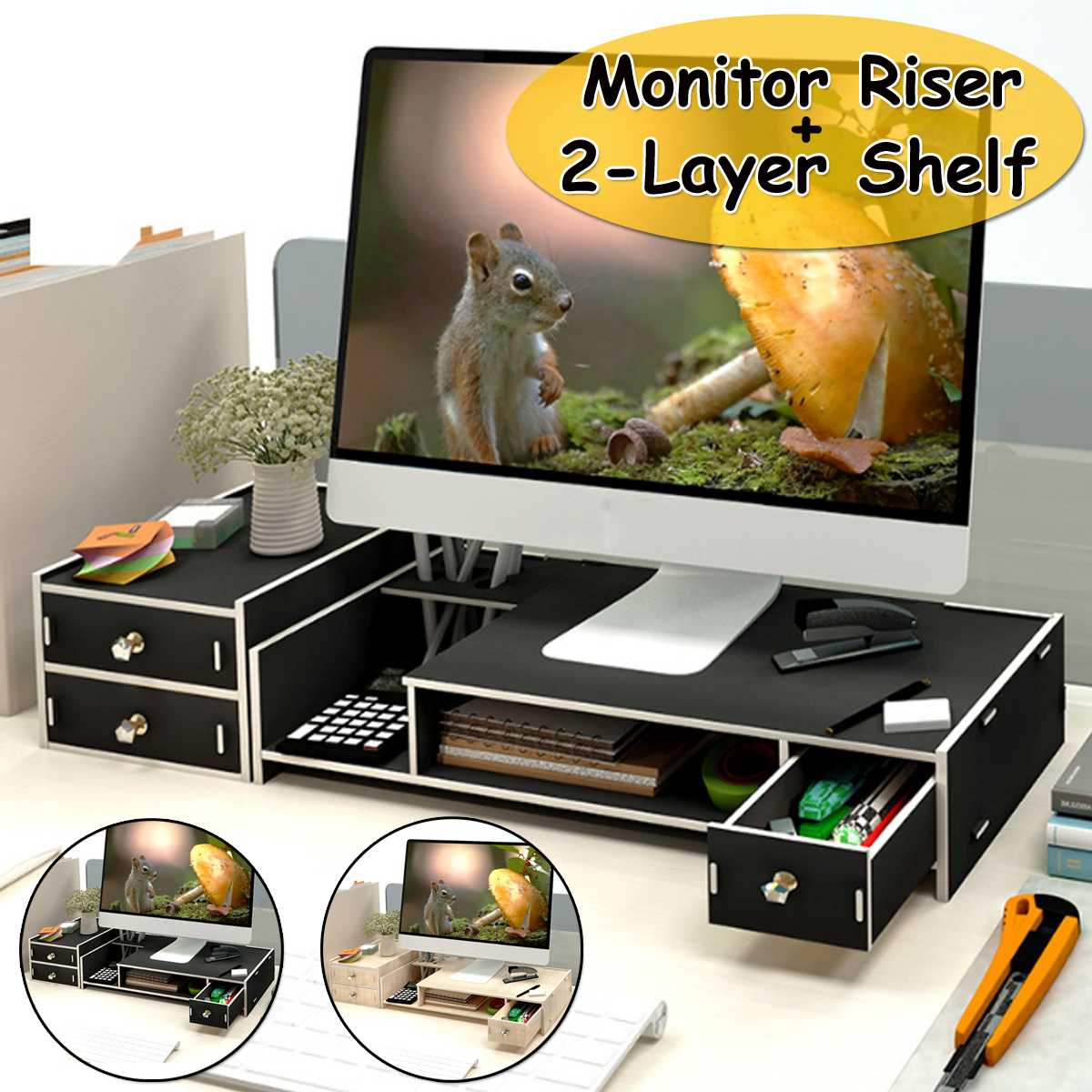 Computer Monitor Riser Desktop Stand Wood Shelf Plinth Strong Laptop Stand Desk Holder Monitor Holder with Storage Box Organizer