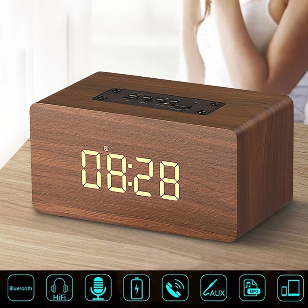 Bluetooth højtaler trådløs stereo musik soundbox med led display ur vækkeur bord ure moderne support aux tf kort: 02