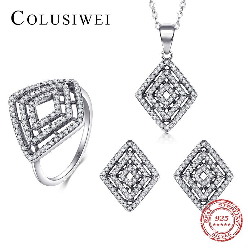 Colusiwei 925 Sterling Silver Shiny Zircon Retro Square Pendant & Stud Earring & Ring Wedding Engagement Jewelry Set