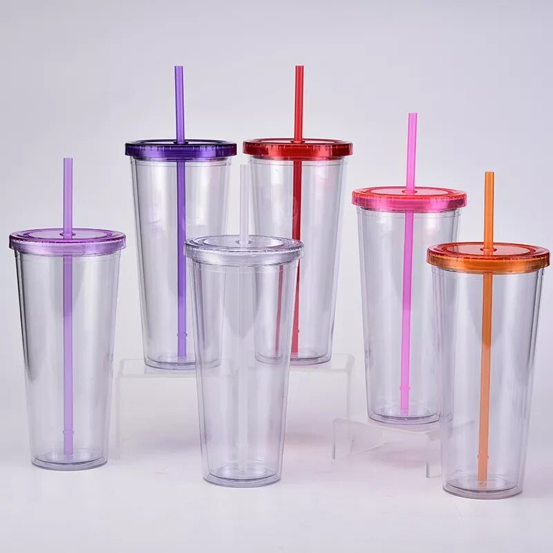 32oz Clear Plastic Juice Cup Colorful Bottle With Straw And Lids Large Capacity Double Wall Cone Cup For Home Supplies