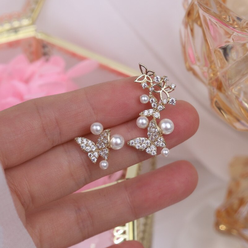 Korea Jewelry 14K Real Gold Plating AAA Zircon Butterfly Asymmetric Earring Pearl Women's Daily Accessories
