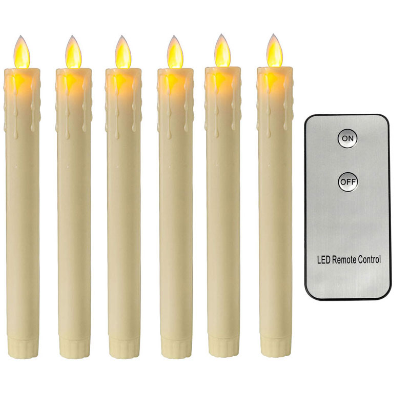 Pack of 6 Yellow Remote Flameless Moving Wick Led Taper Candles,Long Red Dancing Timer Battery Operated Window Candles With Base