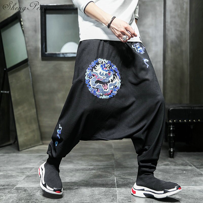 Traditionelle kinesiske kung fu wushu bukser tøj til mænd mandlige linned orientalsk stil brede ben bukser bukser outfits  v1786