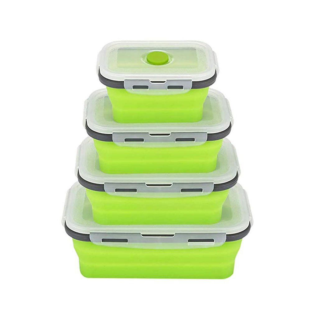 Fda 3/4 Pcs Draagbare Opvouwbare Lunchbox Vierkante Siliconen Lunchbox Magnetron Lunchbox Plastic Koelkast Hoge Temperatuur: green / 4