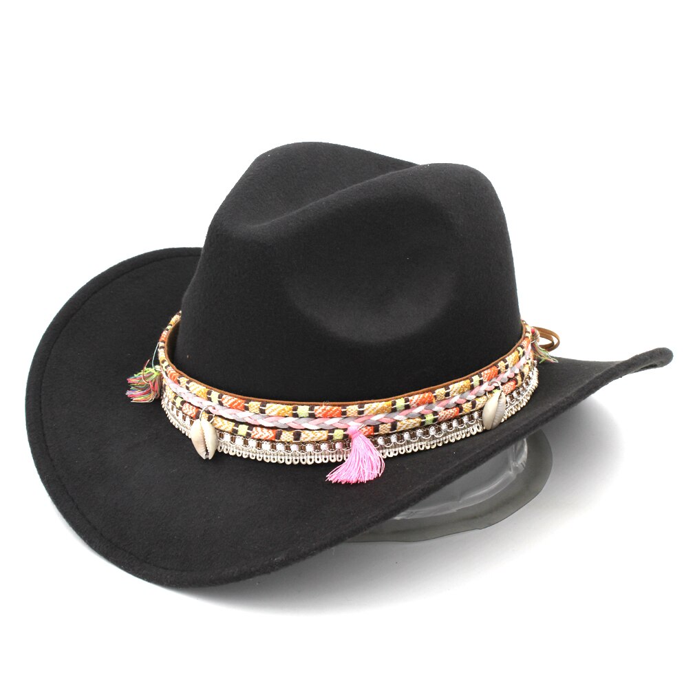 Mistdawn kvinder damer uld bred rand vestlige cowboy hat cowgirl ridning kostume kasket kvast boheme hatbånd størrelse 56-58cm bbd: Sort