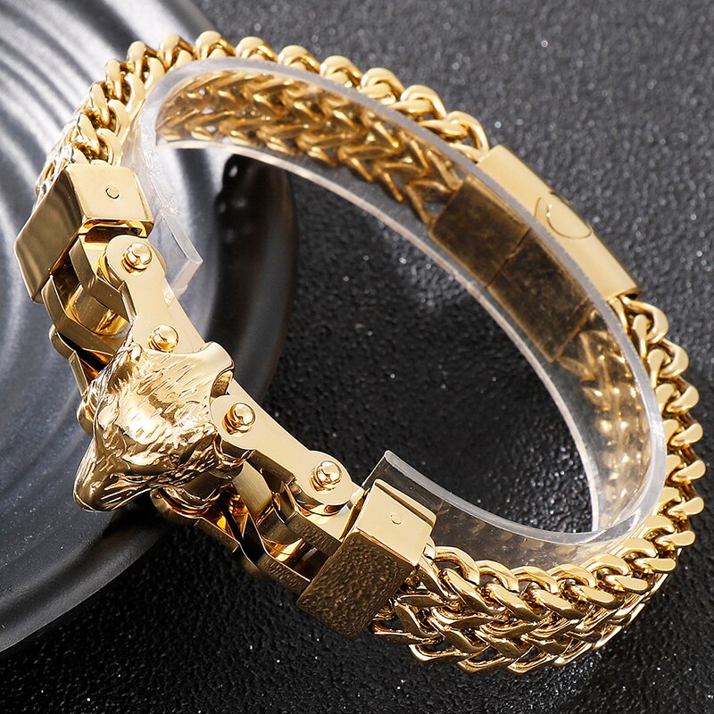 Edelstahl männer Armbänder Mit Wolf Köpfe 12MM Doppel Schicht Franco Link Curb Kette Armband Männer Punk Schmuck mit Tasche