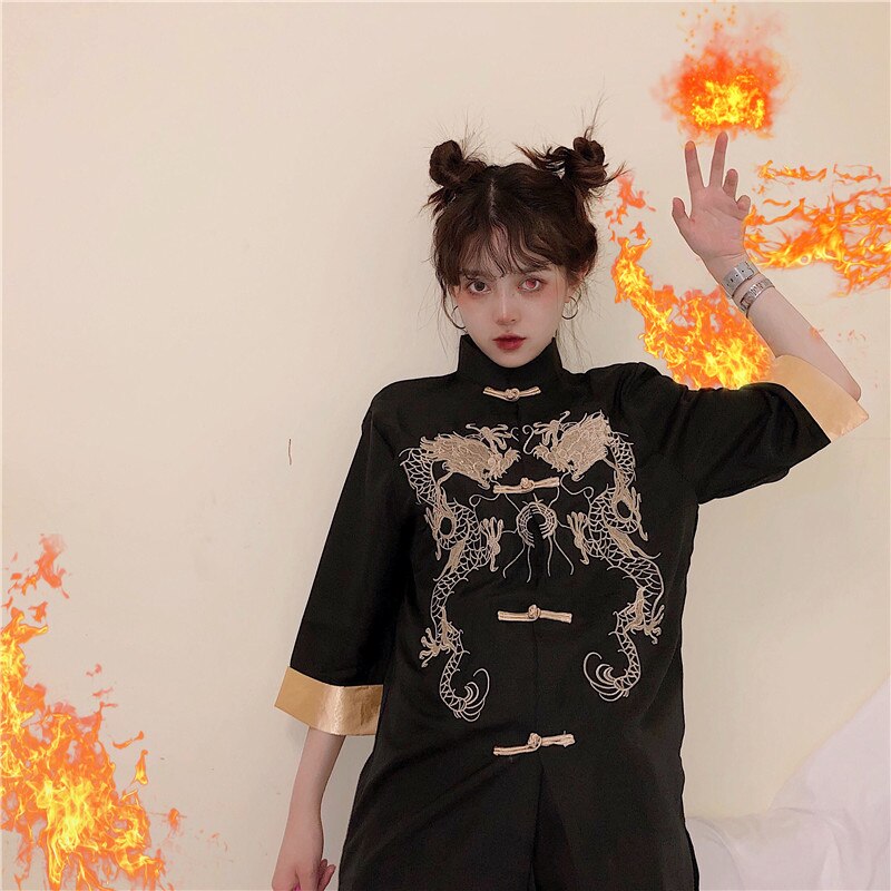 Chaqueta de estilo chino tradicional para niñas y mujeres, traje Tang gótico negro, camisa, vestido, blusa, Bordado de dragón con botonadura única