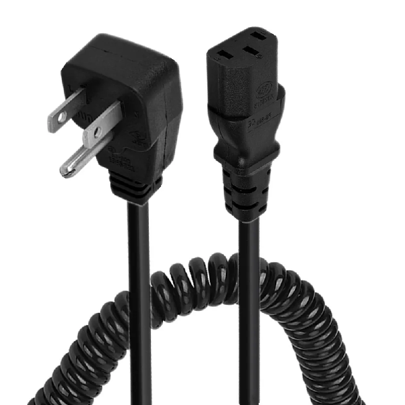 Spiralformet kveilet 7 ~ 8 m 10 ampere 125 volt 3- pinners ac-strømledning for elektronikk, tv, datamaskin, skriver, skjerm, bærbar pc og mer