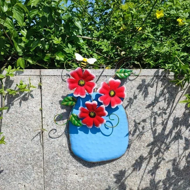 Metal Flower Garden Vases Wall Decor Outdoor Fence Art Patio Sculptures Hanging Decorations for Patio and Garden: Yellow