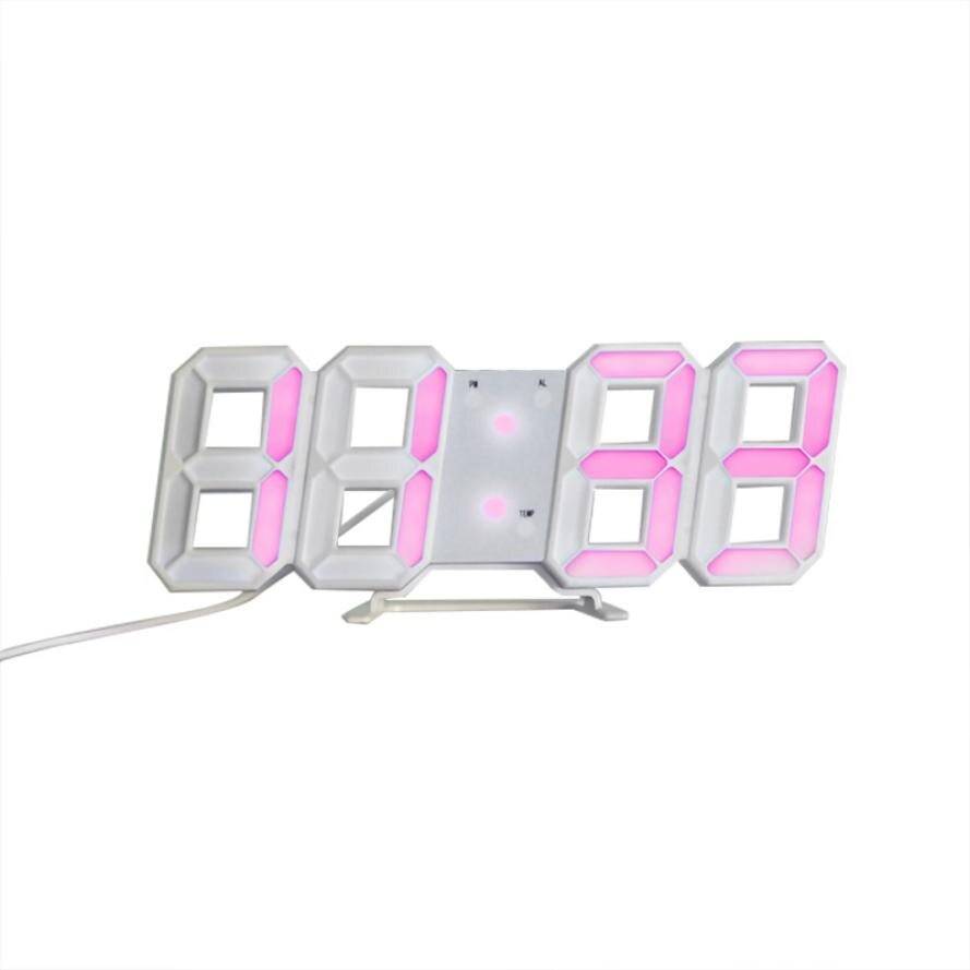 3d digitalt ur førte stor skærm temperatur elektronisk ur væghængende boligindretning bord desktop ur lysstyrke justerbar: Hvid skal pink