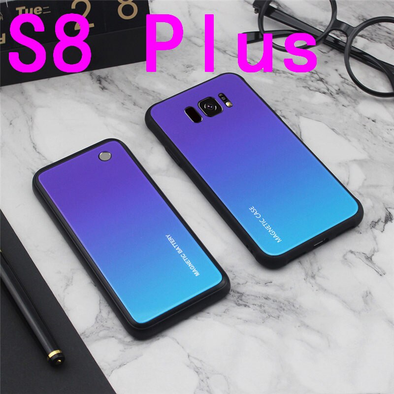 Slim Gradient Tempered glass Magnetic Wireless charger Case For Samsung Galaxy S8 S9 Plus Power Bank Battery Charging Case Cover: S8 Plus-Purple