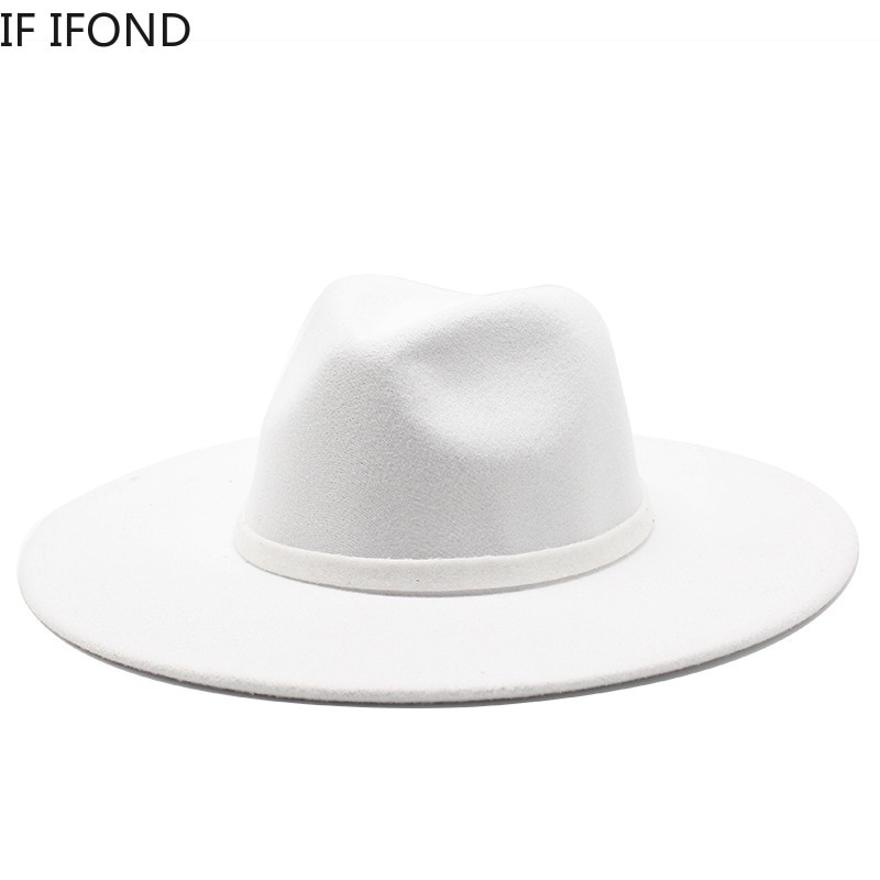 9.5CM Women Men Big Wide Brim Wool Fedora Hat British Style Winter Gentleman Lady Jazz Church Hats