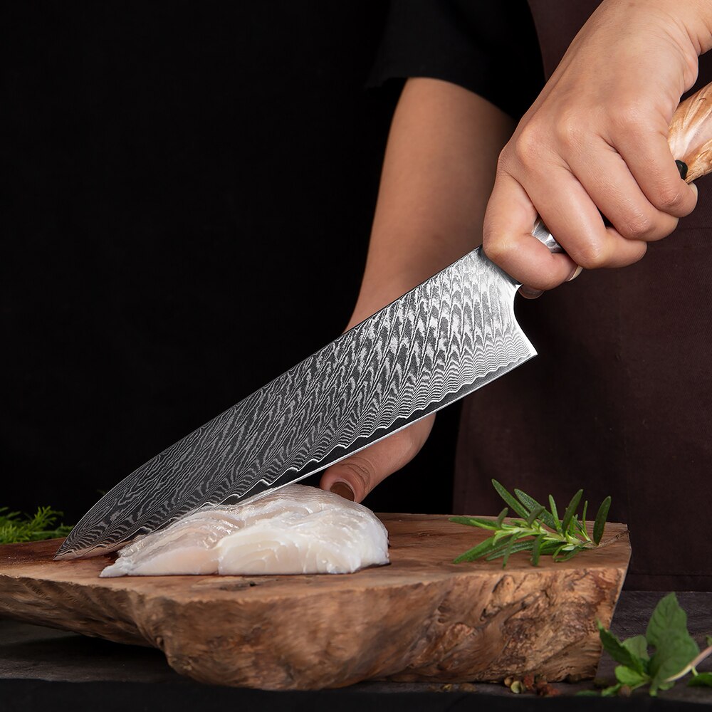 XITUO – ensemble de couteaux de cuisine en acier damas, couteau de chef japonais, couperet à pain utilitaire en résine et manche en bois stabilisé