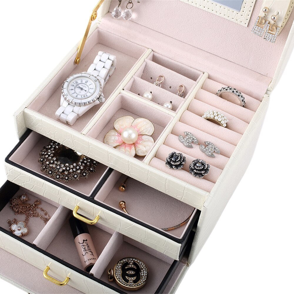 Jewellery Box Rings Necklaces Bracelets Jewelry Storage Organiser Drawer Cabinet 3-Layers 2-Drawers Carrying Storage Case