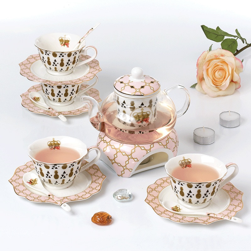 YeFine Ceramic 15 PCS Flower Tea Set British Afternoon Black Tea Set Heatable Glass Teapot Bone China Tea Cups And Saucers
