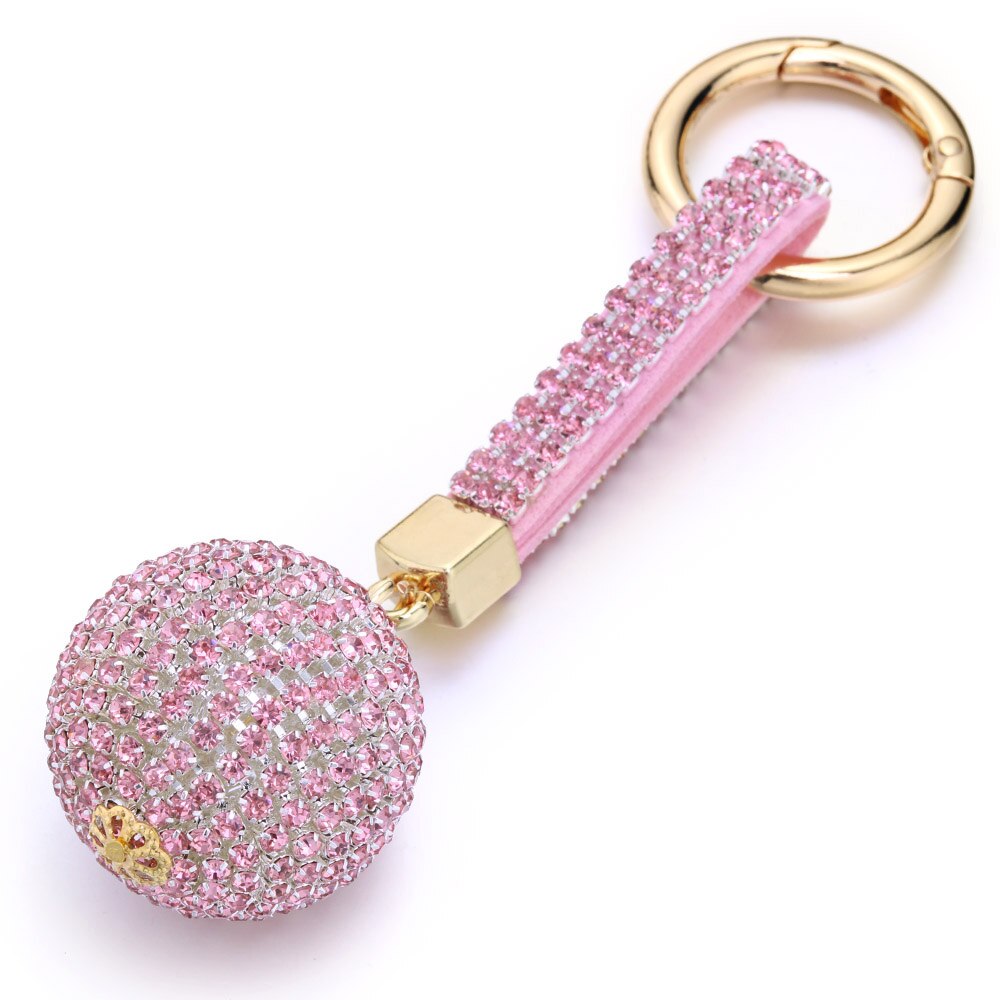 Volle Ball Kristall Keychain Strass Lederband Handtasche Geldbörse Tasche Anhänger Charme Schlüsselring Für Auto Schlüssel Kette K399: Pink