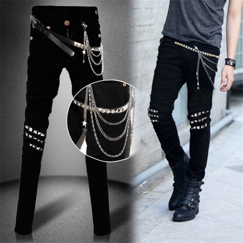 Mens Punk hip hop Black Jeans Lap Hip Rivet Slim Fit Biker Denim Pants Boys Singer Stage Ripped Skinny Jeans With Belts &amp; Chains