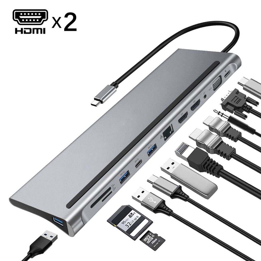 12in1 Type C Docking Station Naar Dual Hdmi Vga 3.5Mm Audio Tf/Sd Rj45 USB3.0 Pd Lading Usb C Hub Voor Telefoon Laptop Macbook