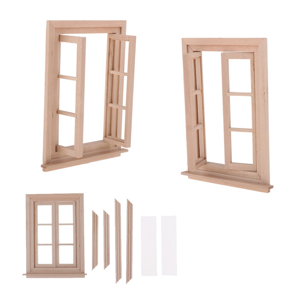 3 stuks 1/12 poppenhuis miniatuur ongeverfd hout 6 ruiten dubbel raamkozijn