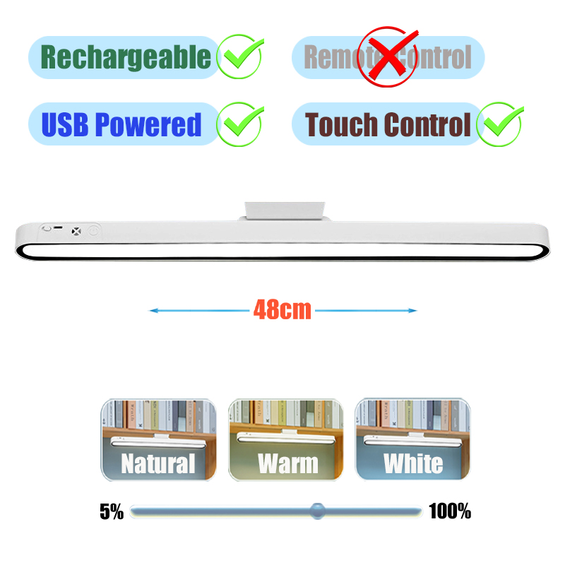 Lâmpada de mesa 48cm pendurado lâmpada de mesa magnética usb ou recarregável led luz de leitura regulável armário cabeceira espelho luz da noite: Preto