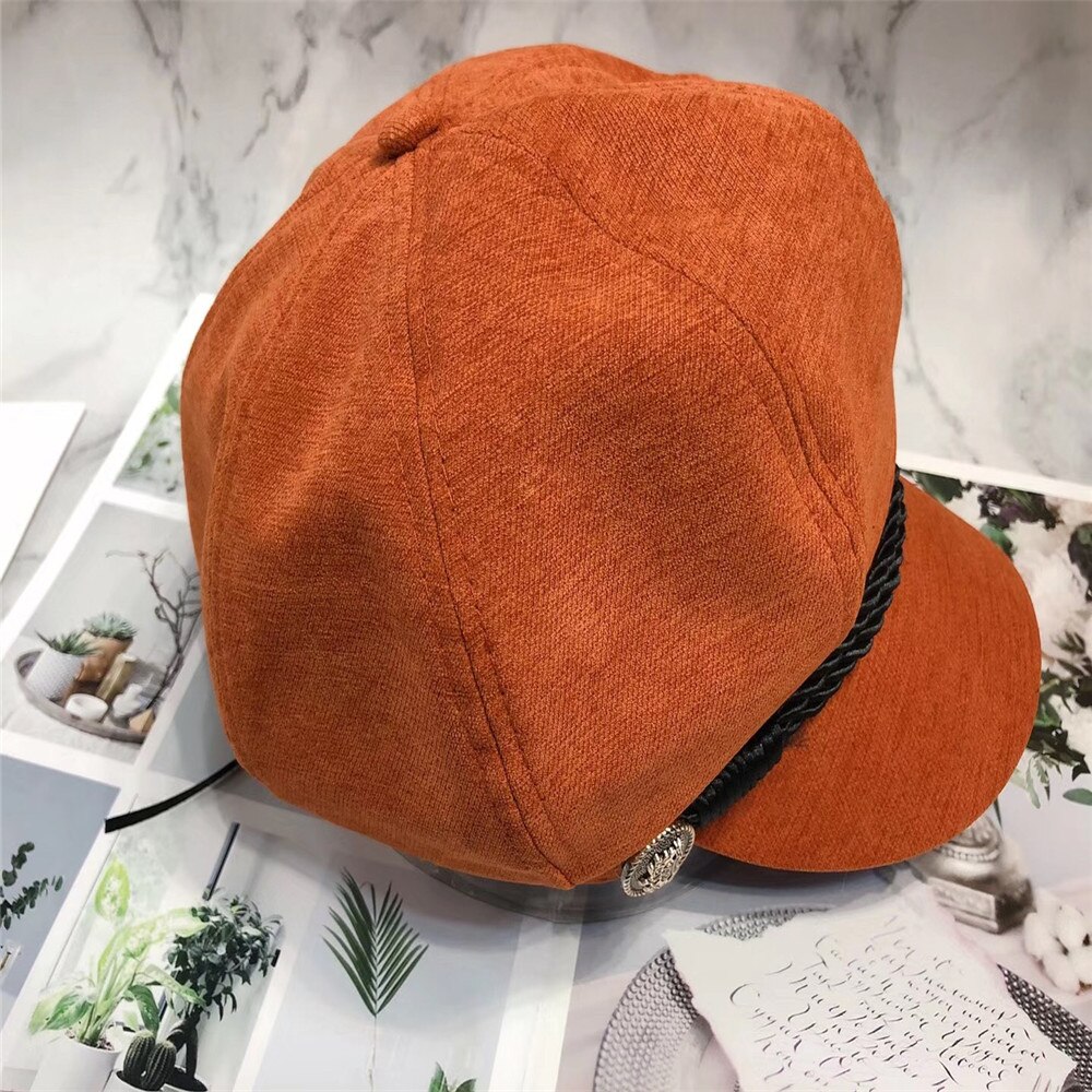 Chapeau de boulanger en sergé solide pour femme et garçon, avec bouton et cordon, rose, noir, moutarde, octogonal, pour fille: Rust