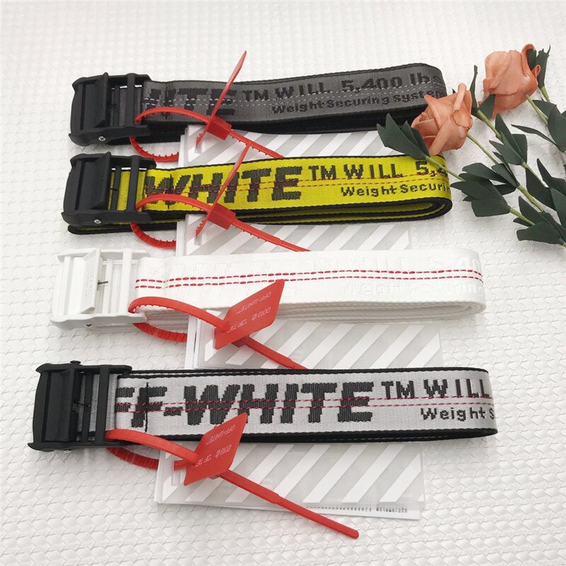 Off White-Trendy All-Match Prachtige Brief Geborduurde Extra Dikke Canvas Riem Zwart Gesp Gesp riem