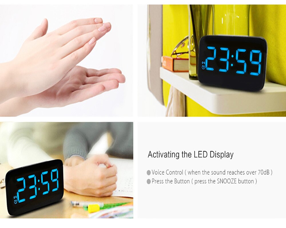 Reloj despertador LED grande, reloj despertado Digital de sobremesa con Control por voz, reloj con retroiluminación electrónica con Cable USB