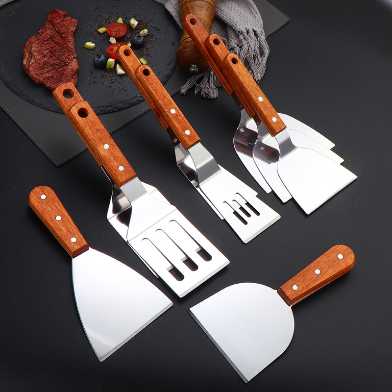 Spatule de cuisson avec manche en bois en acier inoxydable, pelle à frire pour Steak et crêpes, grattoir Teppanyaki, outil de Barbecue, accessoires de cuisine