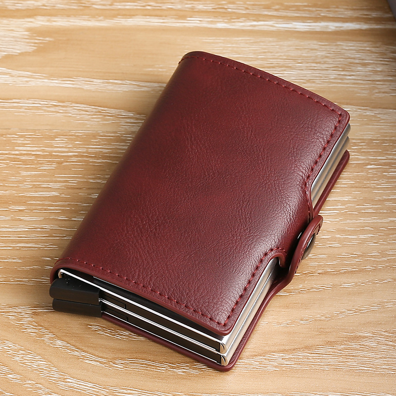 Carteras antirrobo para tarjetas de crédito para hombre, Mini billetera con 14 tarjeteros, caja de aluminio de cuero, bolso de Metal para hombre, 1 ud.: Rojo
