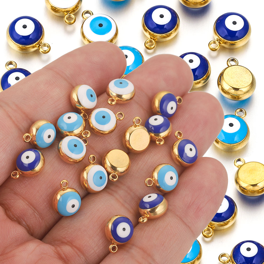 10 pz 5 6 8mm in Acciaio Inox Rotondo Smalto Cielo Blu Bianco il male occhio Pendenti e Ciondoli per la Produzione di Gioielli Risultati Orecchino Braccialetto tutto'ingrosso