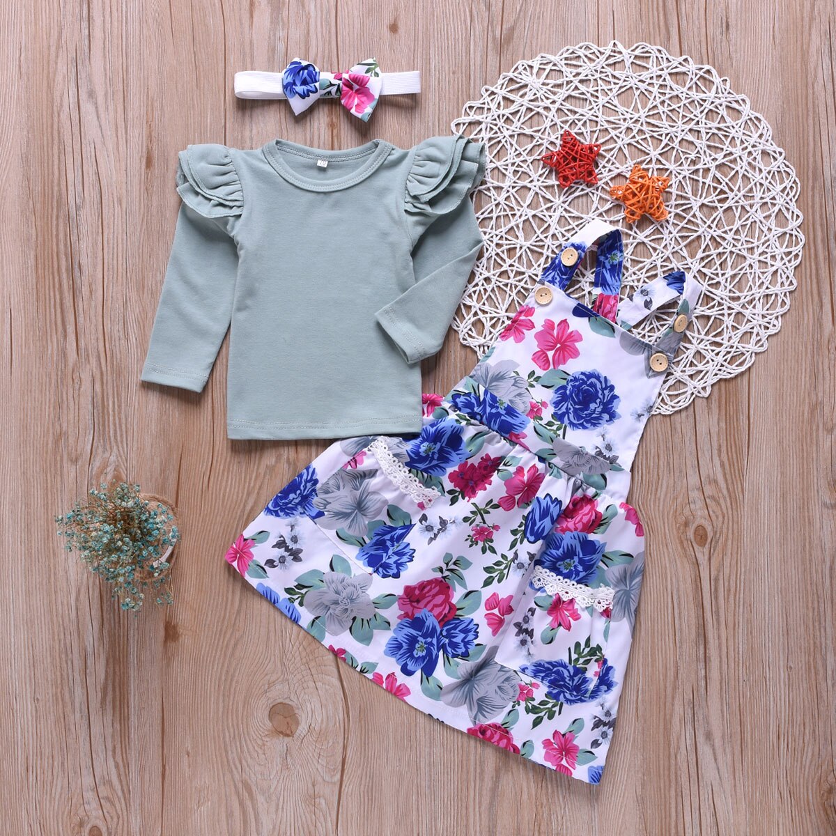 Conjunto de traje Casual para bebé niño niña Top con volantes de manga larga + falda con tirantes + Diadema con lazo 3 unids/set de vestido de verano para niña