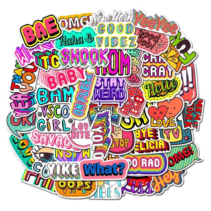 Pegatinas de letras en inglés de dibujos animados, pegatinas de grafiti personalizadas para equipaje y portátil, decoración impermeable, , 10/30/50 Uds.
