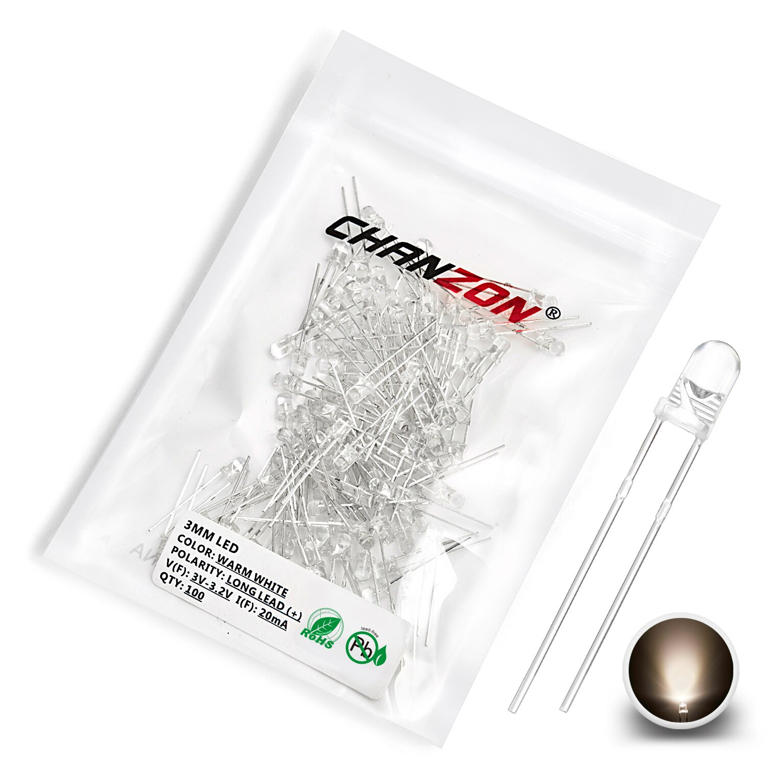 Chanzon 100 pces clear lens led diodo 3mm branco quente transparente ultra brilhante redondo 3mm 2v 20ma lâmpada de emissão de luz