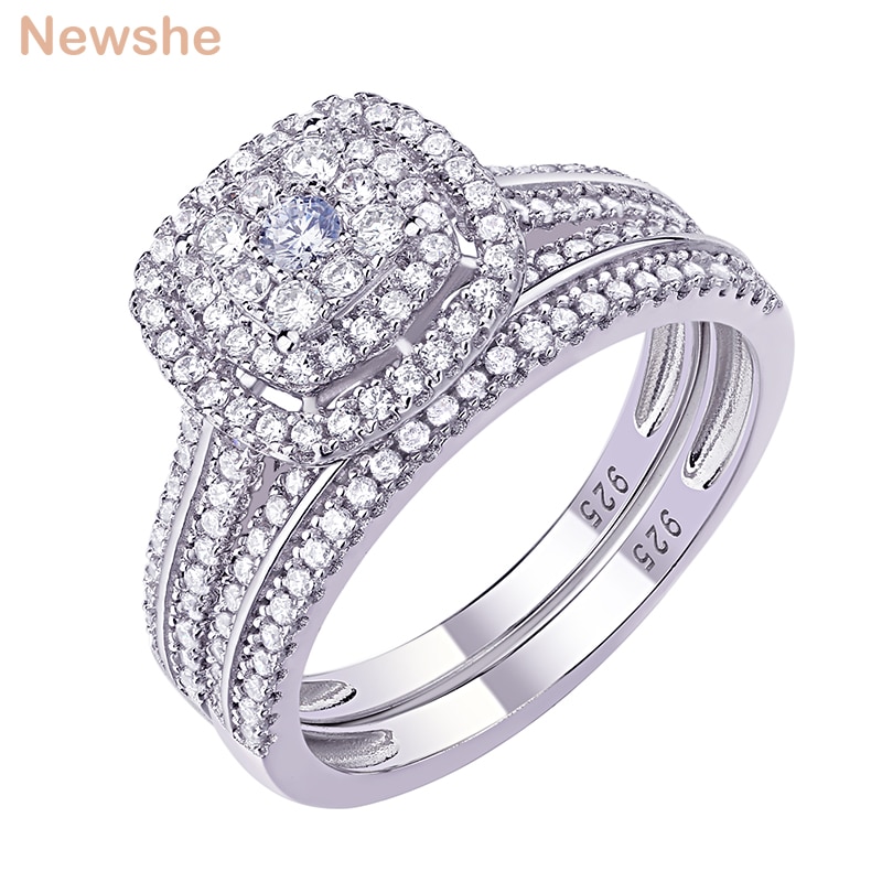 Newshe Halo Hochzeit Ringe Für Frauen 2Pcs Solide 925 Sterling Silber Engagement Ring Braut Set 1,6 Ct AAAAA Zirkon feine Schmuck