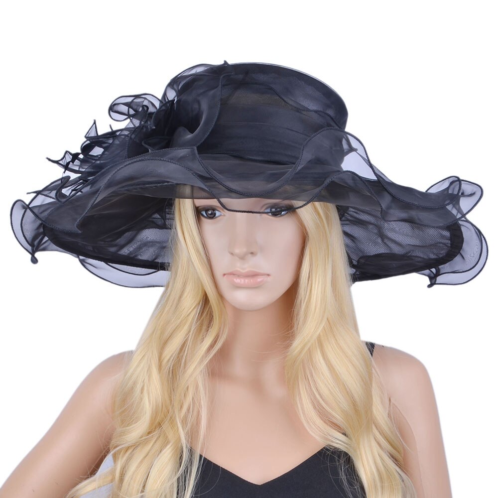 Watermelon pink X Large wide brim Organza Hat Hair Accessory sinamay fascinator for Church wedding,brim width 15.5cm.: BLACK