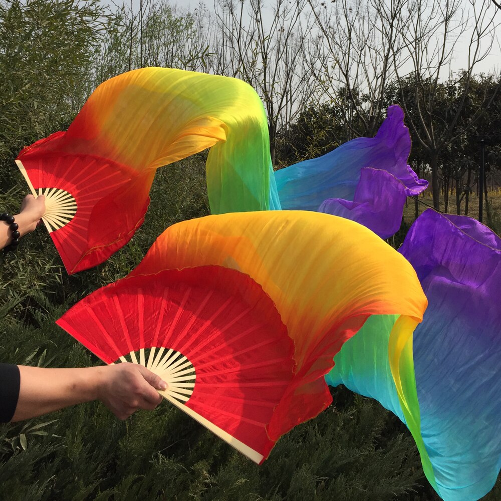 Gratis gemengde Regenboog kleuren 100% echte zijde lange Fan Veils voor Buikdansen of Show