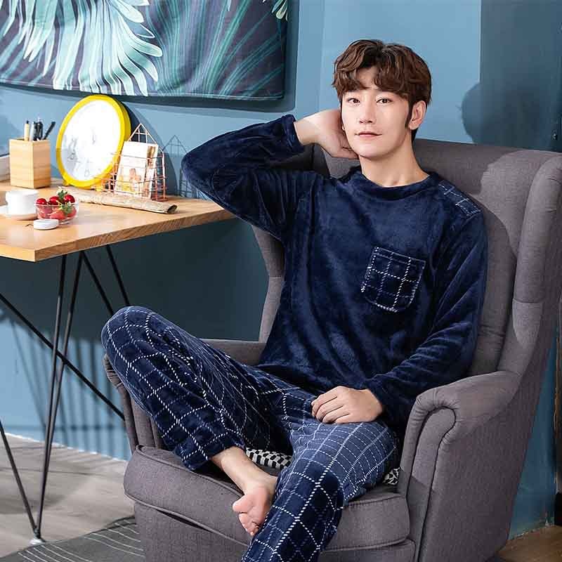 Pijamas gruesos cálidos para hombre, traje de franela gruesa de talla grande, ropa de casa informal de manga larga, forro polar coral, otoño e invierno, novedad de 2022