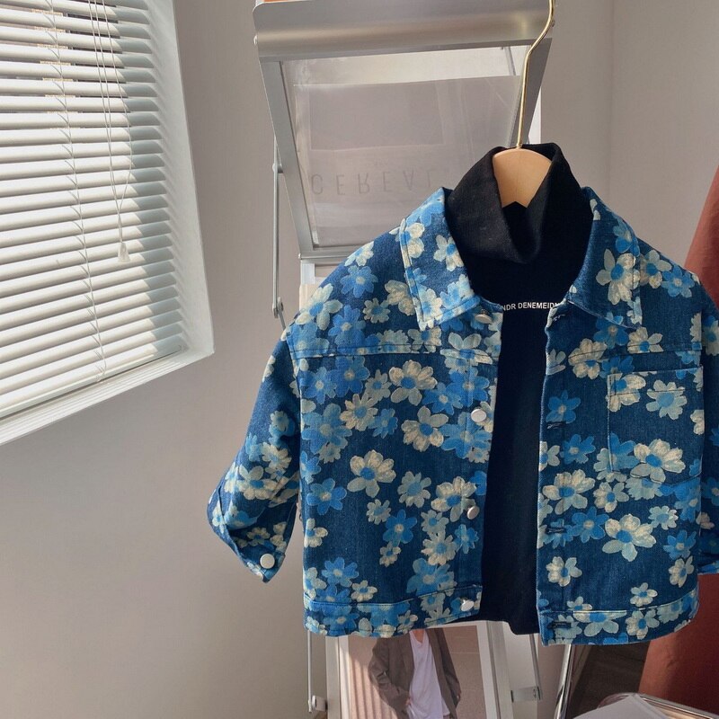 2021 stile coreano nuovo autunno bambini ragazze ragazzi cappotto blu Jacquard tessuto maniche lunghe giacca di jeans bambini moda calda Top E022
