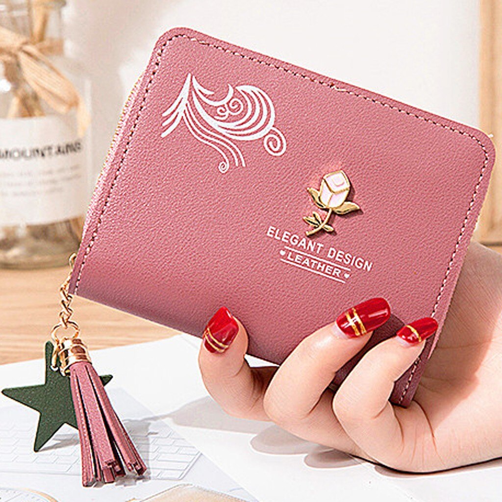 Women’ s Short Solid Color Flower Fringed Leather Wallet Female Simple Travel Outdoor credit card holder purse Mini Cluth Bag