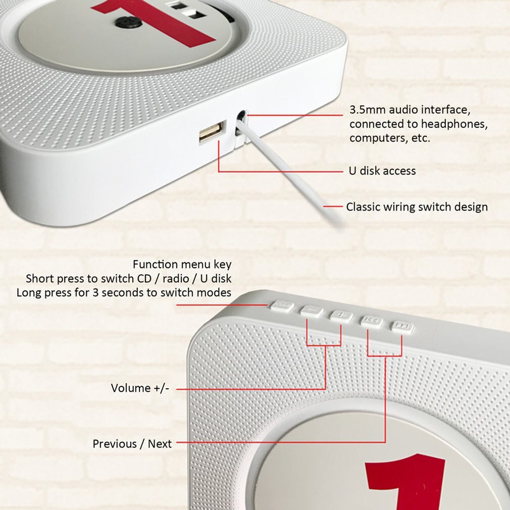 Lecteur CD mural sans fil Portable maison Audio Boombox avec télécommande Radio FM MP3 USB bébé éducation prénatale