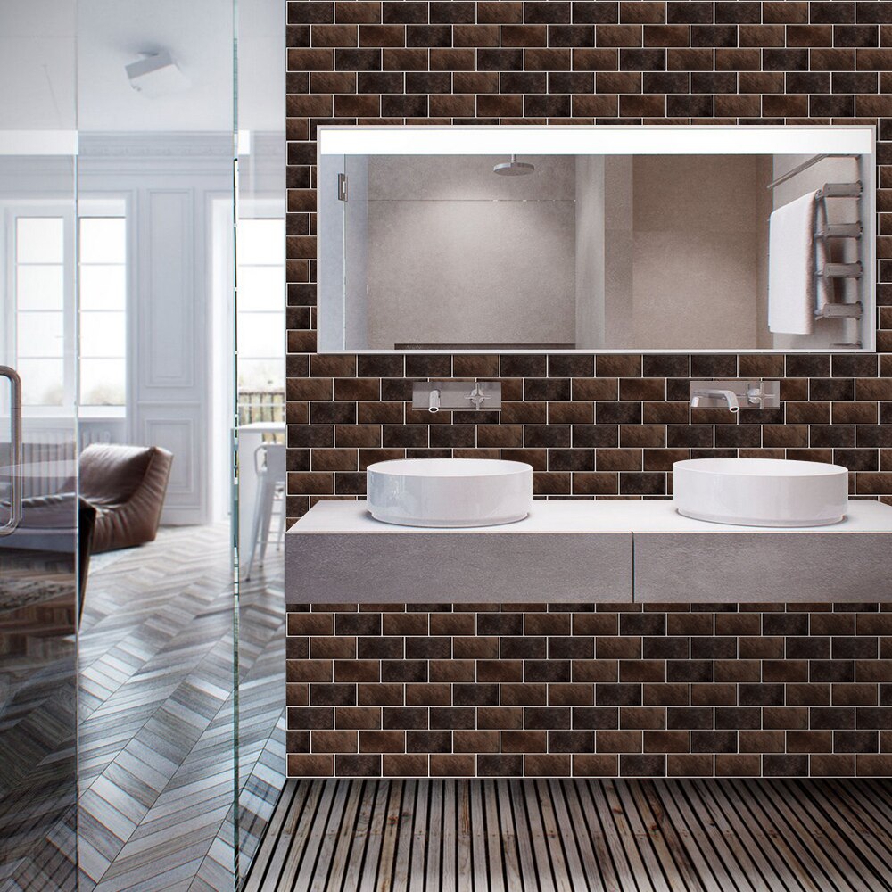 Decoración de pared de cerámica Retro europea, pegatinas autoadhesivas a prueba de aceite para azulejos de baño, impermeables, Marrón sólido
