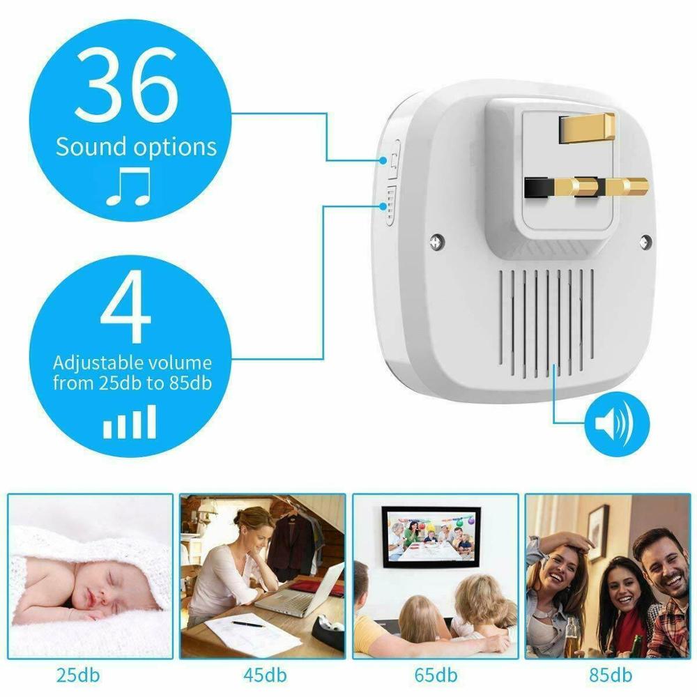 Wireless Door Bell Home Doorbell Plug In Cordless Loud Chime LED 36 Tunes Waterproof Cordless Ring Dong