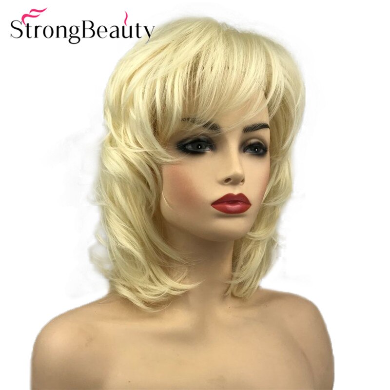 StrongBeauty Synthetic Women Wigs Fluffy Natural Medium Length Wavy Blonde/Golden Hair Capless Wig