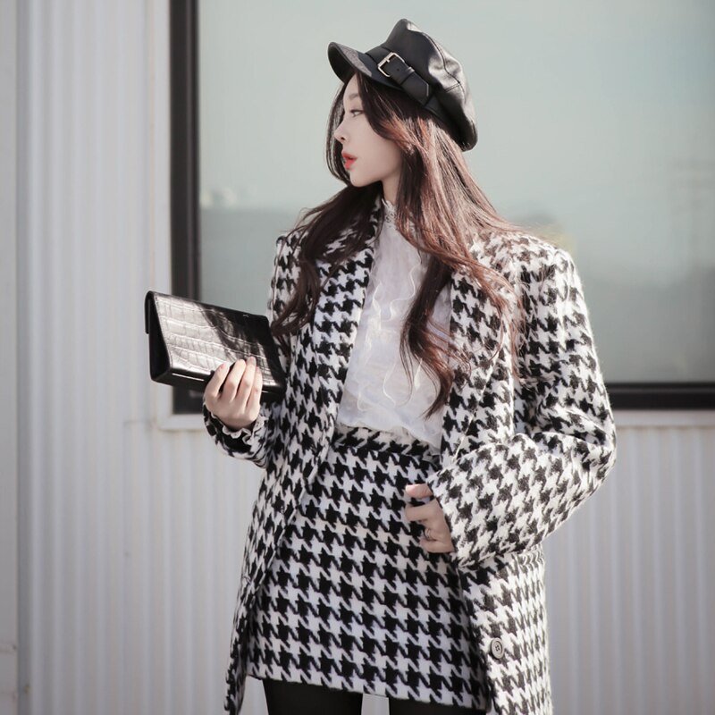 Kvinnor enkelknäppta fickor rutig kort jacka kappa + mini kjol set höst vinter kvinna tweed ull kostym kläder