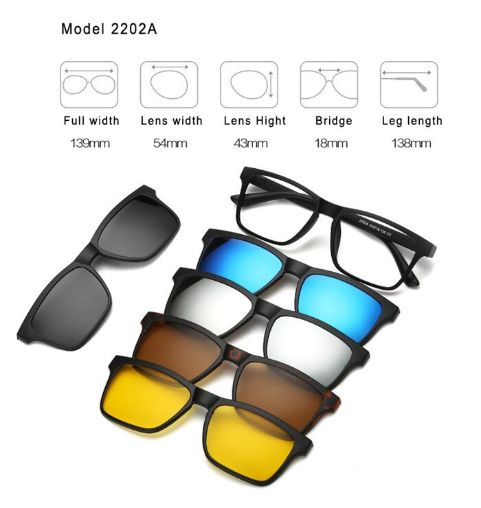5 Set Clip Lens + 1 Frame Wandelen Brillen Spiegel Gepolariseerde Zonnebril Clip-On Magneten Kan Absorberen Bijziendheid Verziendheid bril: Model 2202A